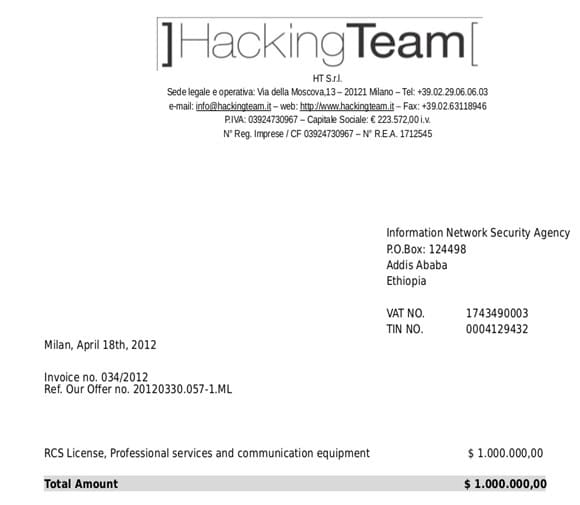 Fattura dell'Etiopia per $1mln a favore di Hacking Team, immagine in licenza CC ripresa da Pambazuka.org