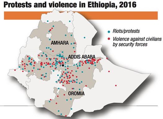 Mappa delle violenza in Etiopia nel 2016, tratta dal sito dell'ACLED (Armed Conflict Location and Event Data Project)