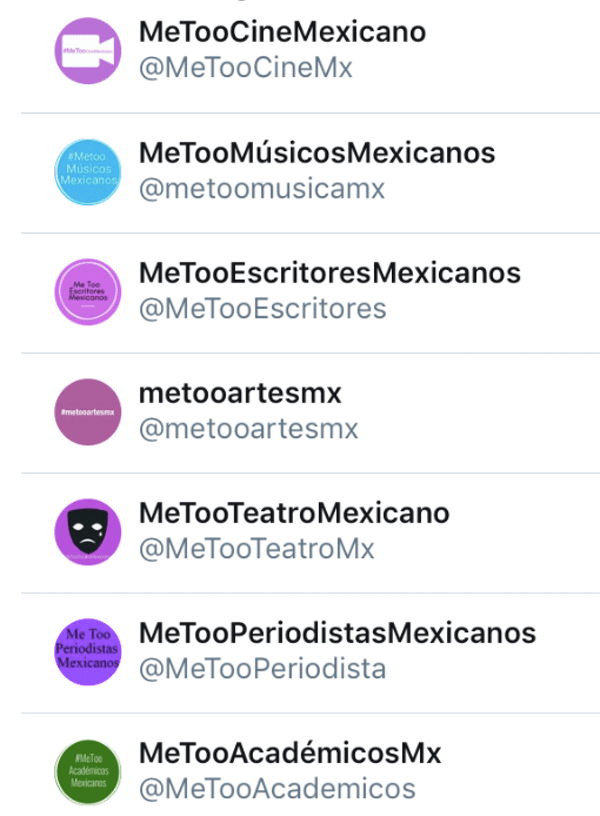 Account #MeeToo di diversi gruppi professionali in Messico