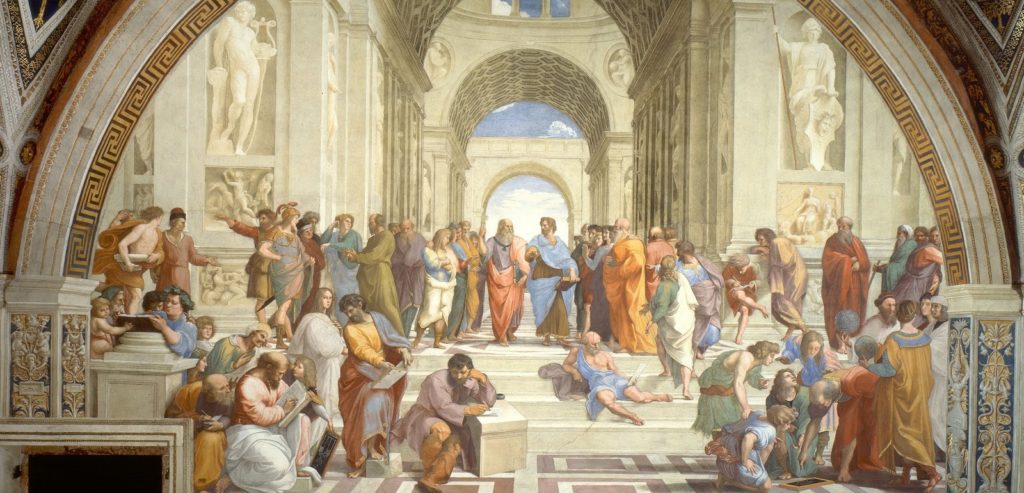 La scuola di Atene - Michelangelo Buonarroti. Musei Vaticani. Licenza wikimedia commons In basso a sinistra dietro Pitagora che legge un grande libro è raffigurato Averroè (l'uomo con il turbante)