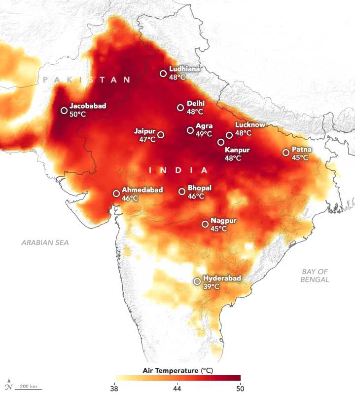 Immagine della NASA dell'ondata di calore che ha investito l'India e il Pakistan nel 2019. Da Wikimedia Commons in licenza CC
