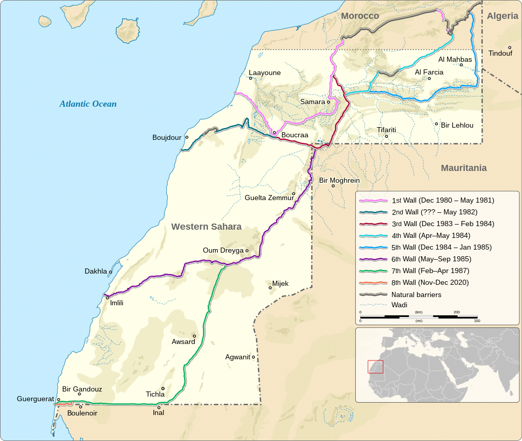 Location of the Moroccan sand walls in the Western Sahara